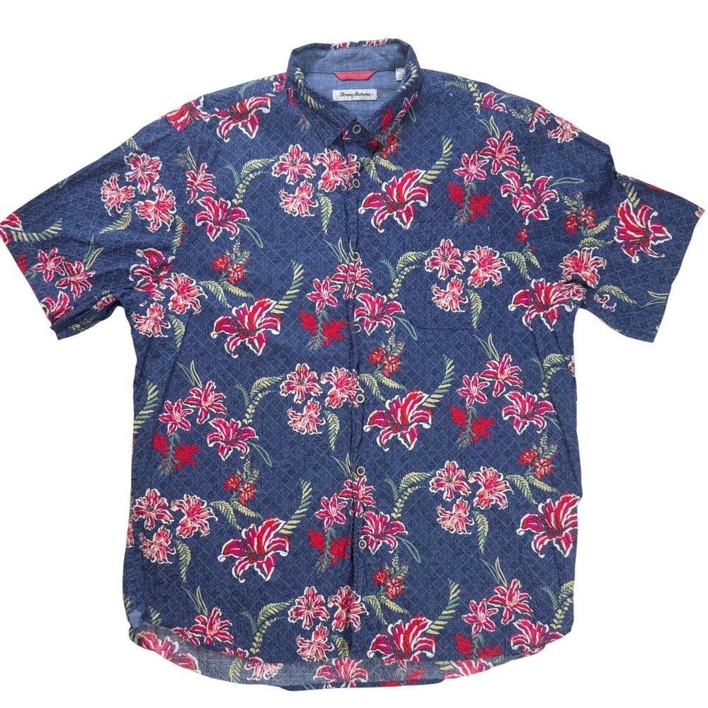 Tommy Bahama Mens XLT Blue Tropical Floral Short Sleeve Button Down Shirt Tall